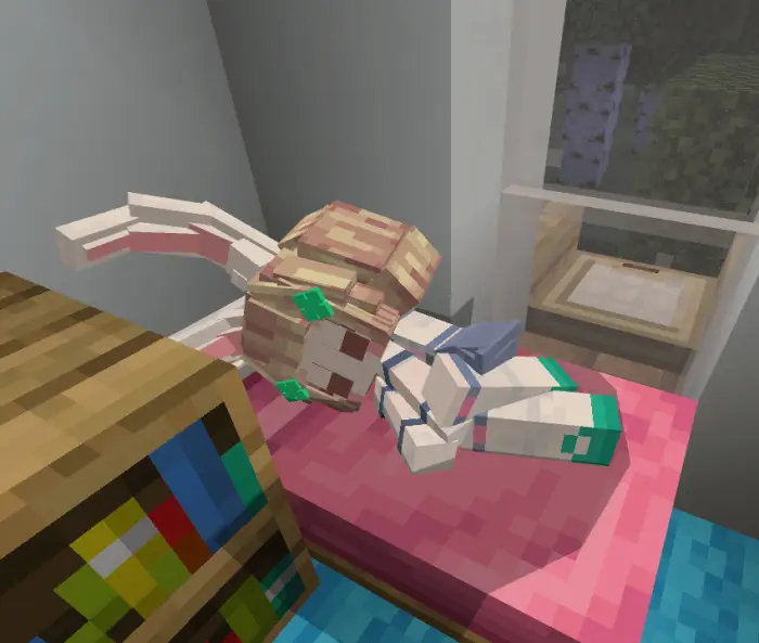 Blocky companion character resting on bed