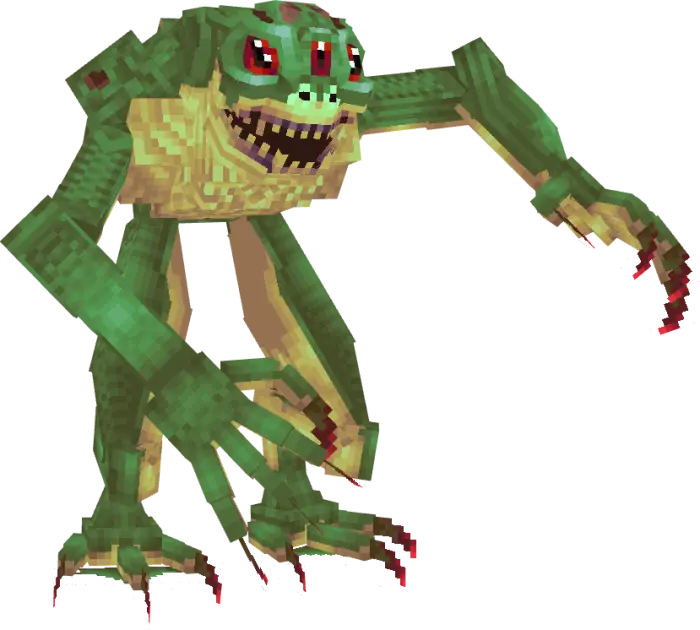 Pixelated frogman creature with red claws