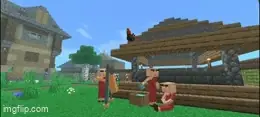 Villagers gather near a wooden shelter.