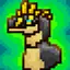 Pixel art dinosaur with yellow crest, green bg