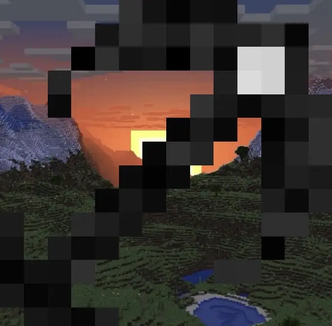 Pixelated scythe weapon at sunset