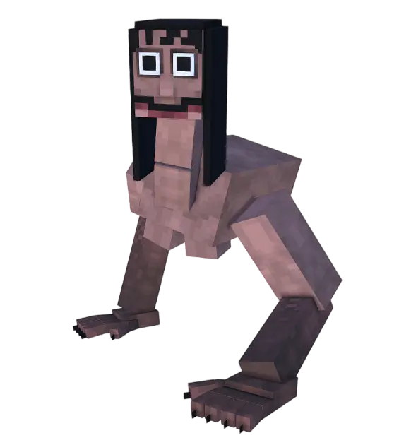 Blocky, creepy Momo creature on all fours.