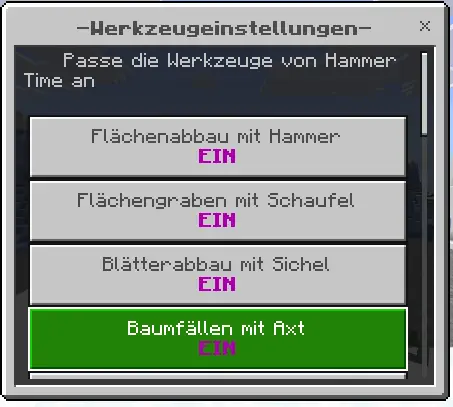 Tool settings menu for Hammer Time mod