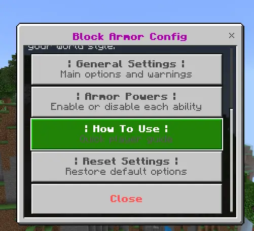 Block Armor configuration menu options