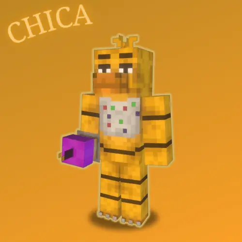 Blocky yellow animatronic holding a cupcake