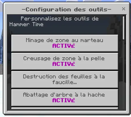 Tool configuration menu with area mining options