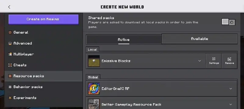 Active resource packs menu with Emissive Blocks