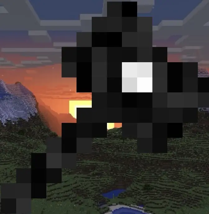 Pixelated black battle axe at sunset