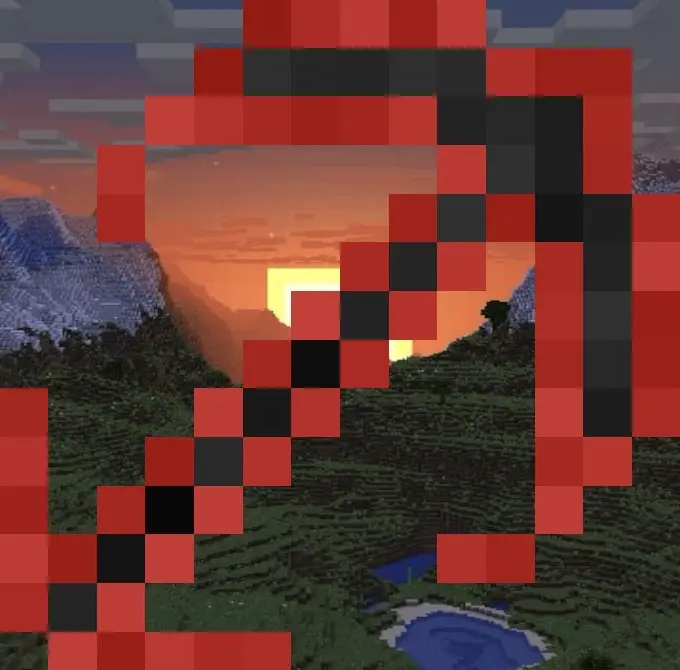Pixelated red and black scythe at sunset