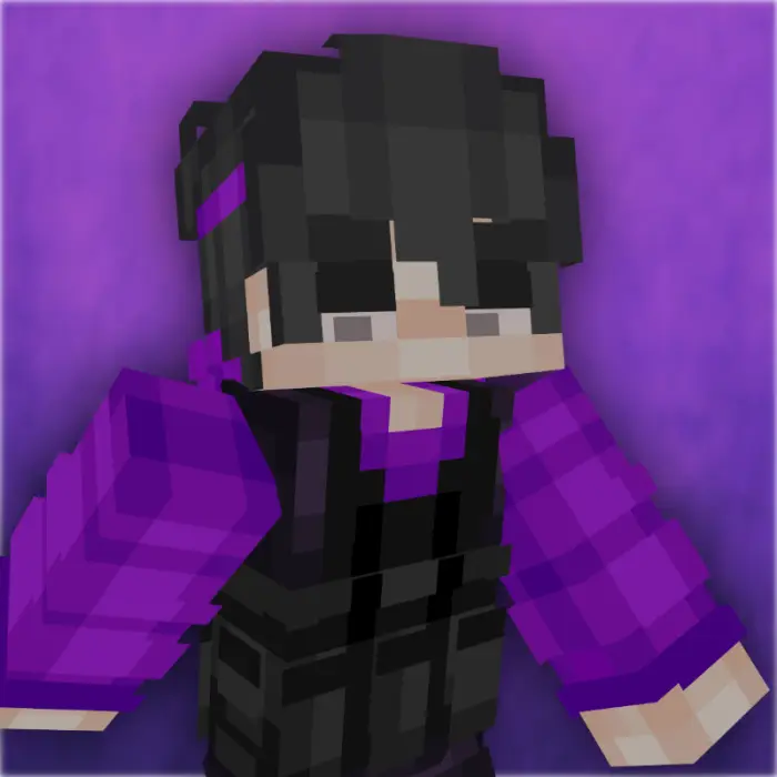 Blocky character in purple and black outfit