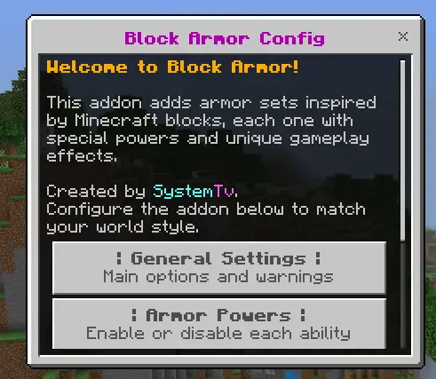 Addon config screen for BlockArmor options