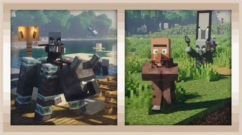 Left Rider on beast near water, sunlight Right Villager chased by armored foe