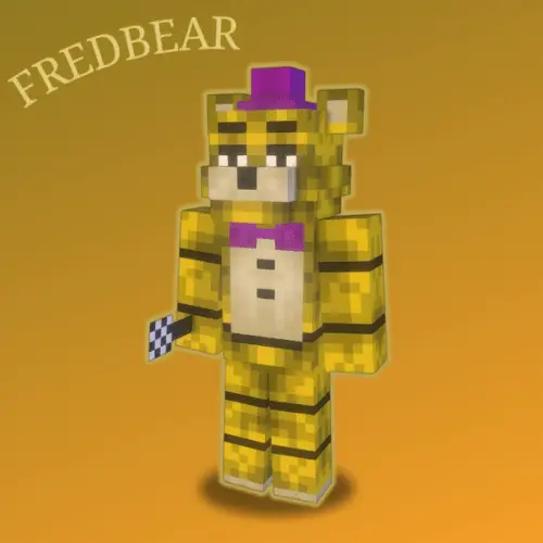 Blocky yellow bear animatronic with purple hat