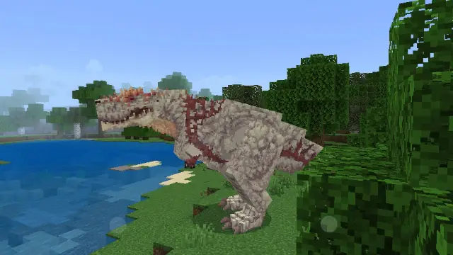 Blocky dinosaur near a lake in a forest