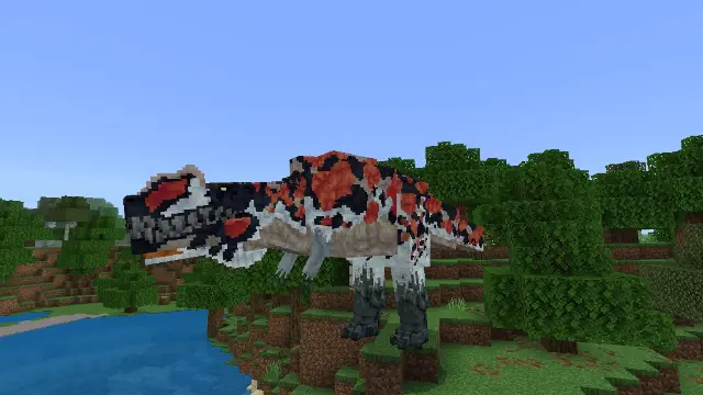 Blocky dinosaur with red and black pattern