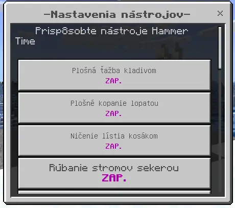 Tool customization menu with enable options