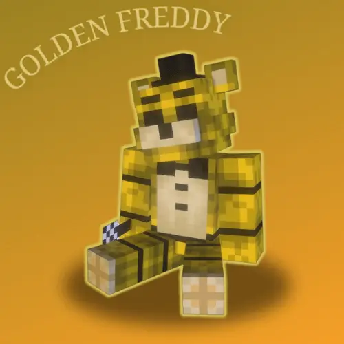 Golden animatronic bear with hat sitting