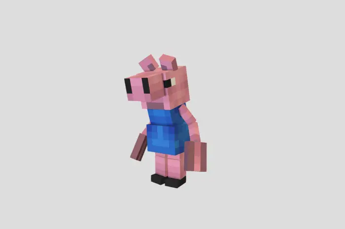 Blocky pig character in a blue outfit