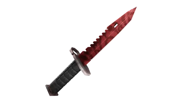Red and black combat knife with serrated edge