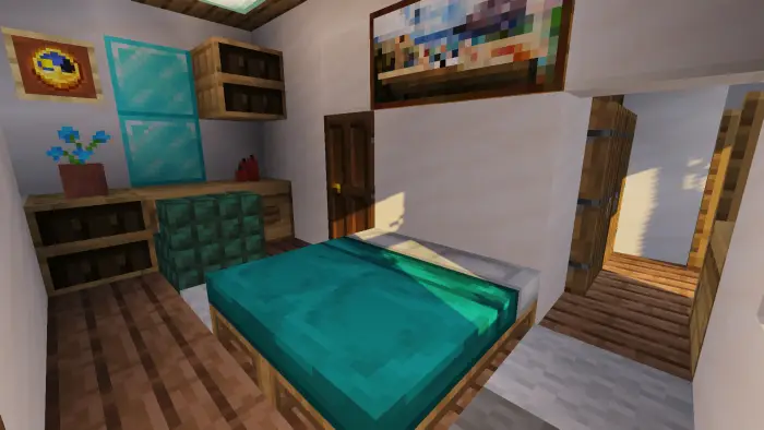 Modern villa bedroom with teal decor