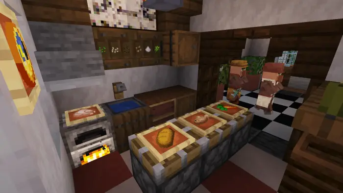 Cozy villa kitchen with food and villagers