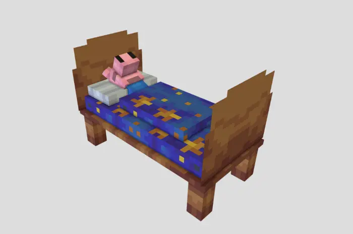 Blocky pig character lying on a blue bed