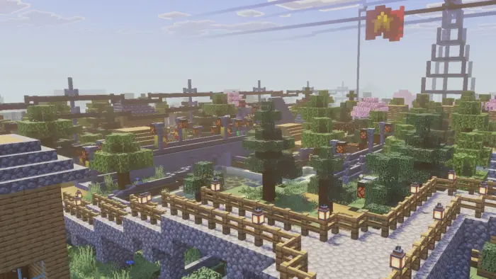 Modern city park with trees and bridges