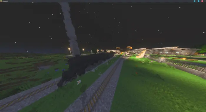 Blocky Polar Express train on tracks at night