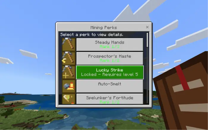 Skill tree menu showing mining perks.