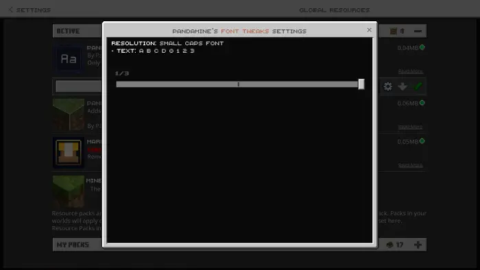 Font tweaks settings window with slider shown