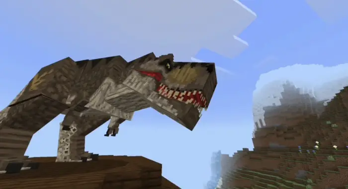 Blocky dinosaur roaring on a cliffside.