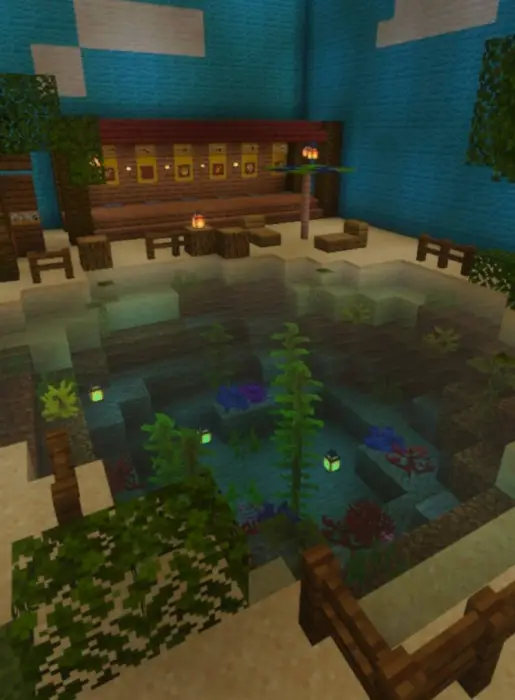 Small pond with benches and underwater plants.
