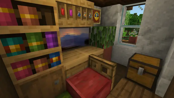 Colorful medieval cottage room with desk