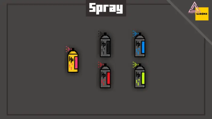 Five pixel art spray paint cans in colors.