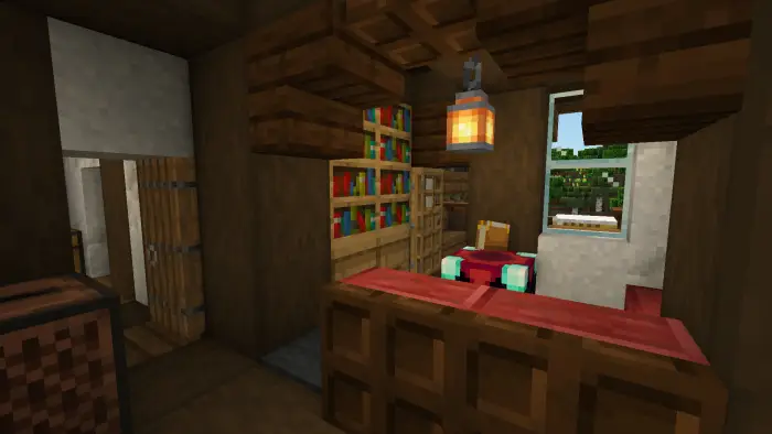 Cozy cottage interior with books and lantern