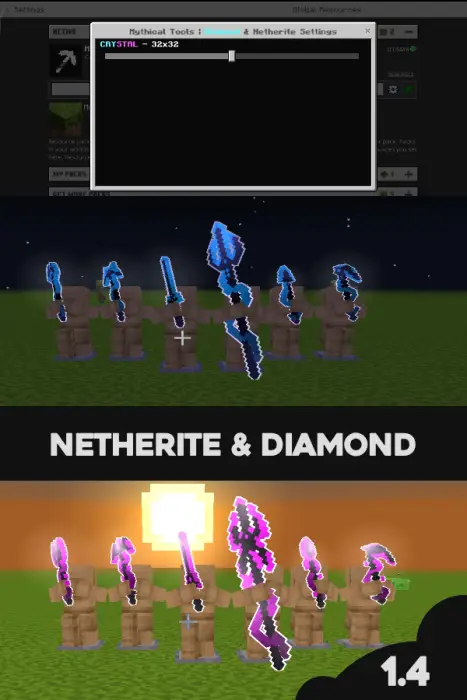 1. Settings menu for tool textures 2. Blue glowing diamond tool designs 3. Pink glowing netherite tool designs
