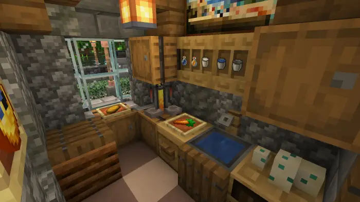 Cozy medieval cottage kitchen with supplies