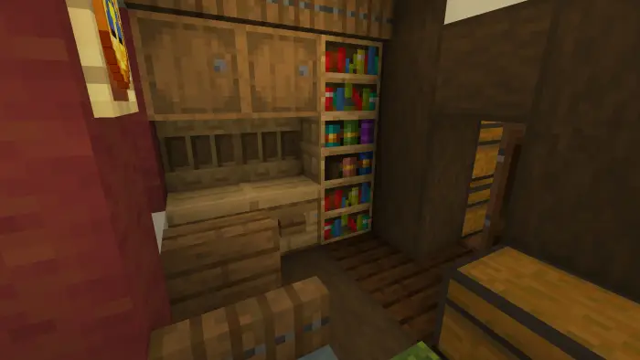 Cozy cottage interior with bookshelves and chests