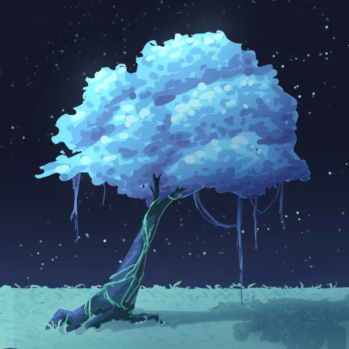 Glowing blue tree under a starry night sky