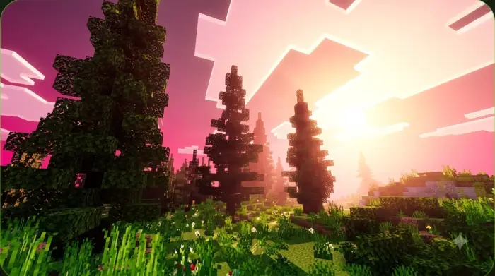 Alien landscape with neon sky and glowing sun