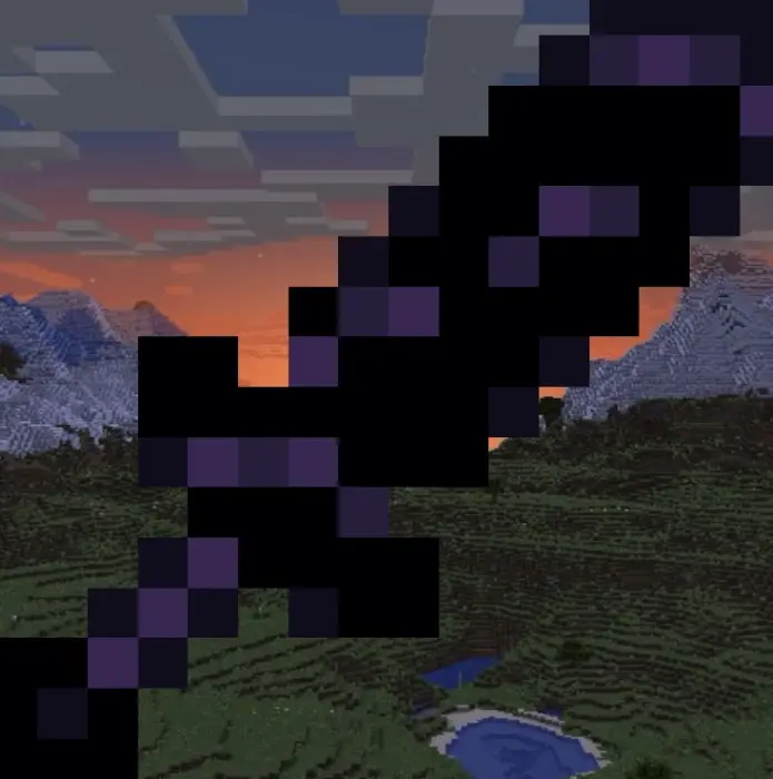Pixelated purple sword over a blocky landscape