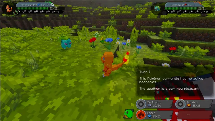 Blocky Charmander vs Bulbasaur battle scene