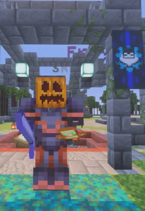 Player in armor stands by stone archway.