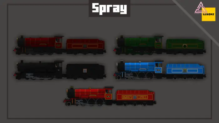 Six colorful Hogwarts Express train models.