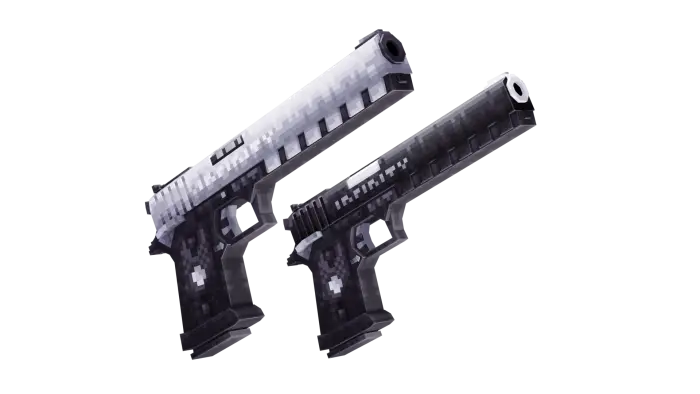 Two pixelated 3D pistols, black and silver