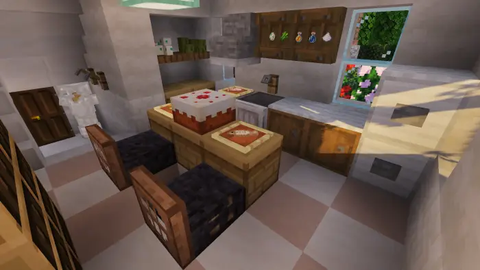 Cozy modern villa kitchen with cake on table