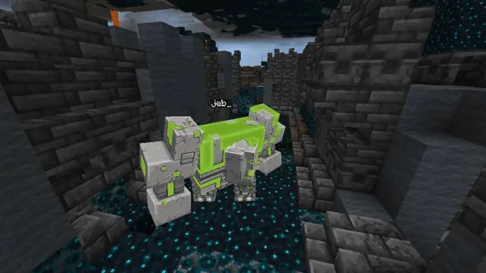Blocky Redstone creature in dark ruins