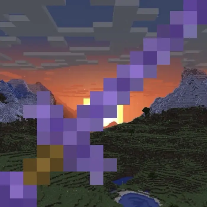 Pixelated purple sword at sunset