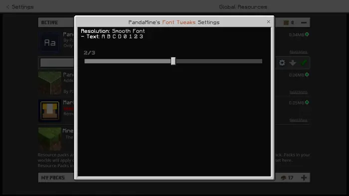Font tweak settings with slider and preview.