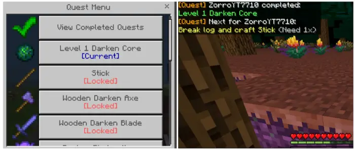 Left Quest menu with locked items Right On-screen quest to craft a stick